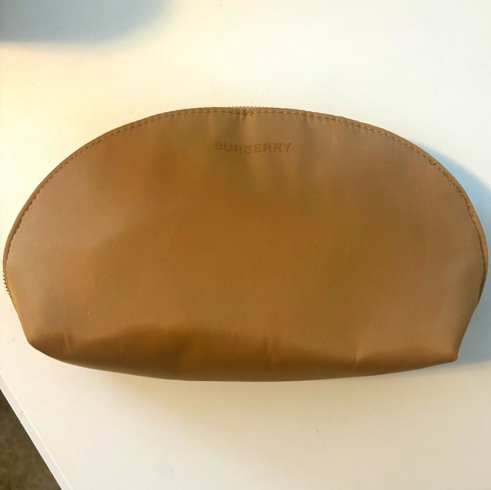 Burberry Tan Makeup Cosmetic Bag Travel Toiletry Pouch Gold Zip Designer